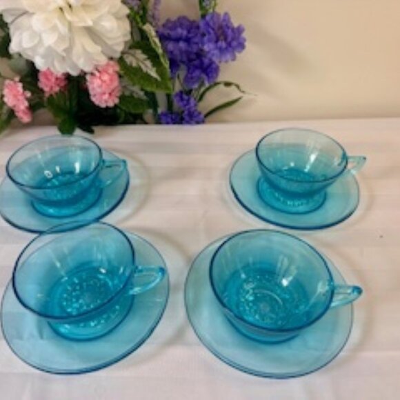 Hazel Atlas Turquoise Blue Glass Cup and Saucer Set Vintage Depression‎ Glass - Picture 4 of 6